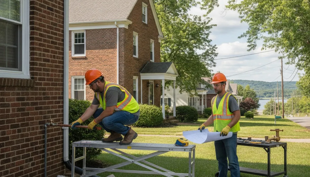Plumber repairing a leak in Harrisburg, PA plumbing service van