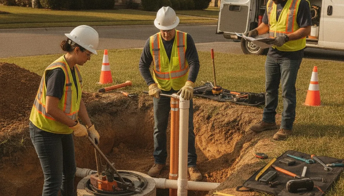 Septic repair technician inspecting a Harrisburg, PA home drain line for on-call plumbing service